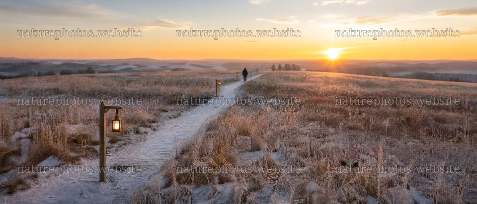 Colorful path through a Christmas meadow at sunset – nature photos 12124x5196