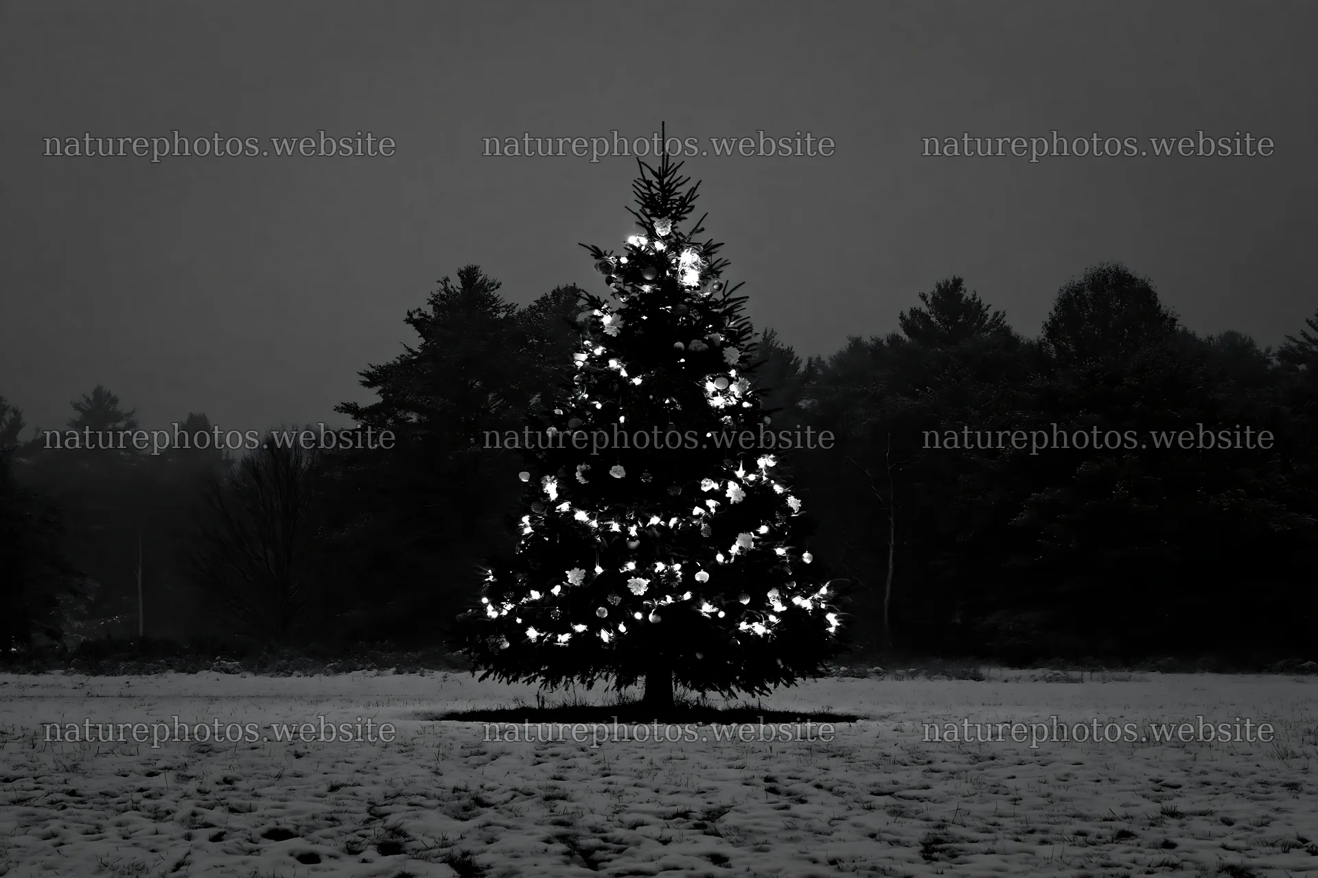 Decorated Christmas tree in snowy meadow at night – nature photos 9722x6480