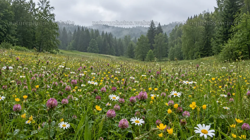 Wildflower Meadow in a Misty Forest Clearing – nature photos 10324x5812