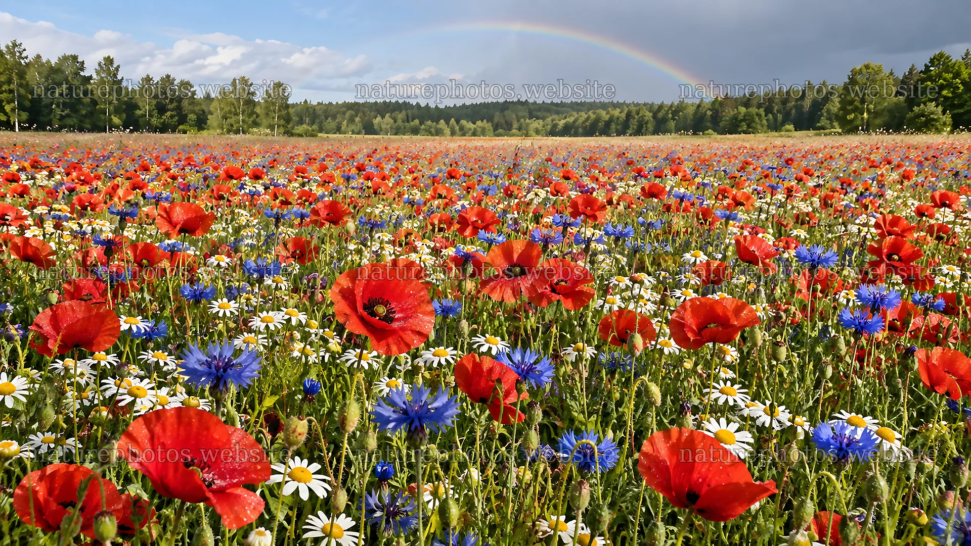Wildflower meadow beside a forest under a rainbow – nature photos 10324x5812