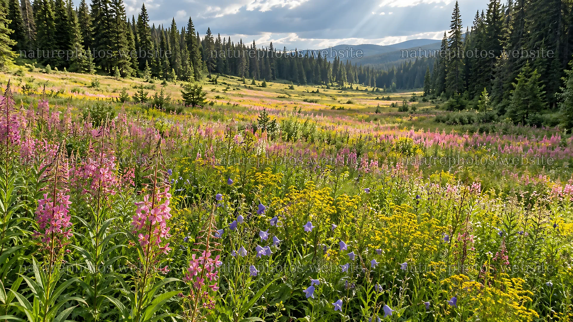 Wildflower Meadow in a Mountain Forest Valley – nature photos 10324x5812