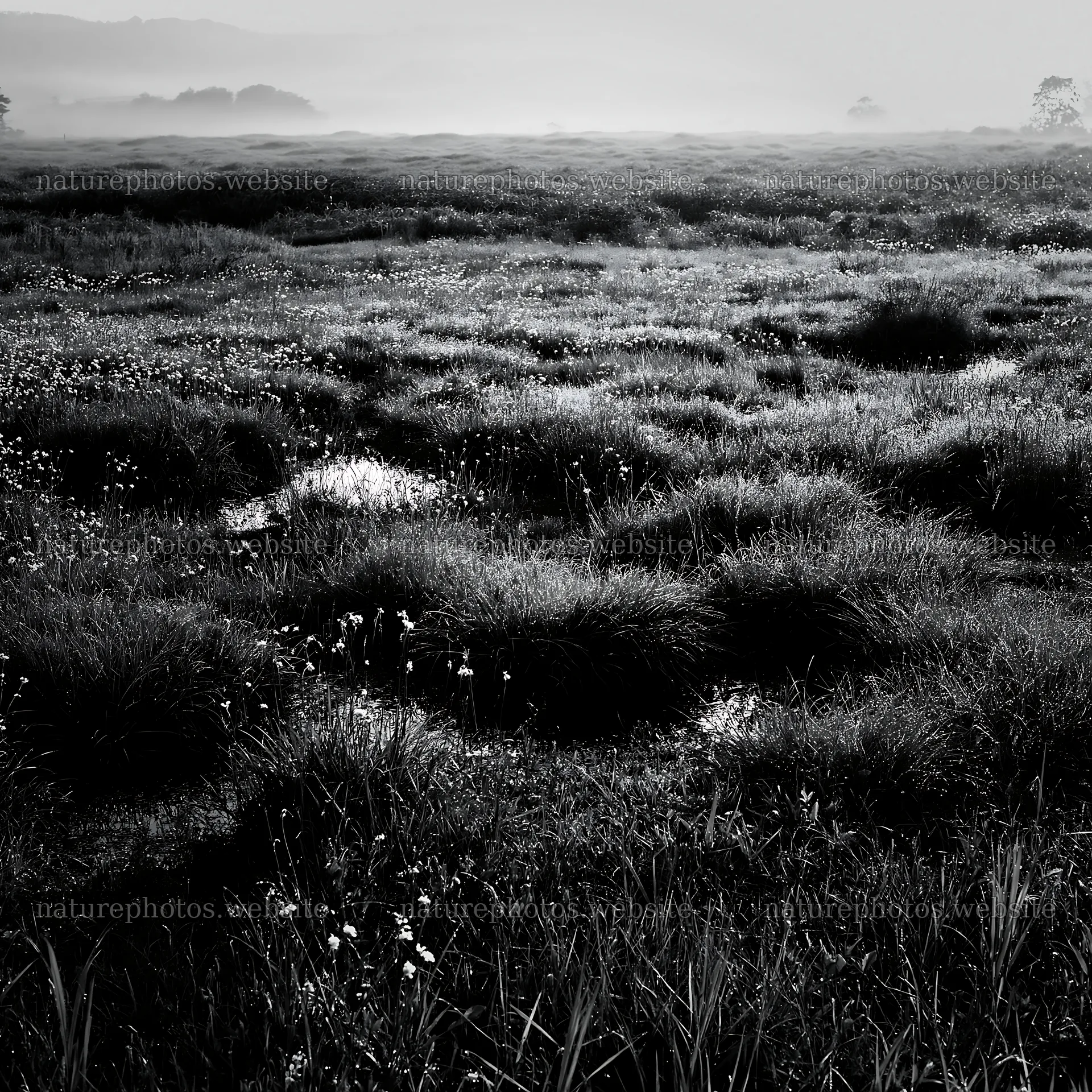 Dew-covered meadow in Niigata floodplain restoration area – nature photos 7938x7938