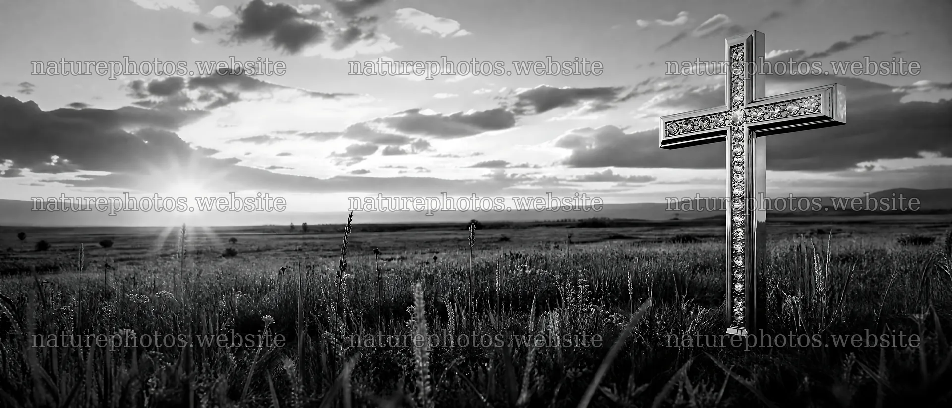 Golden Christian cross at sunset in a meadow – nature photos 12124x5196