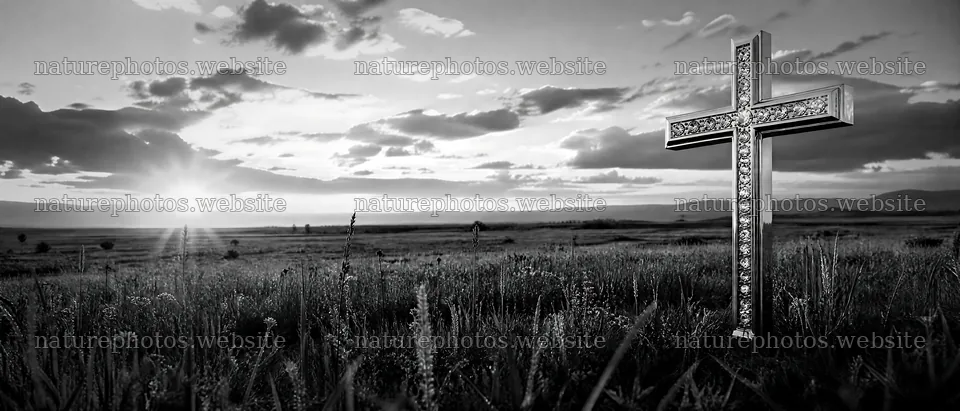 Golden Christian cross at sunset in a meadow – nature photos 12124x5196