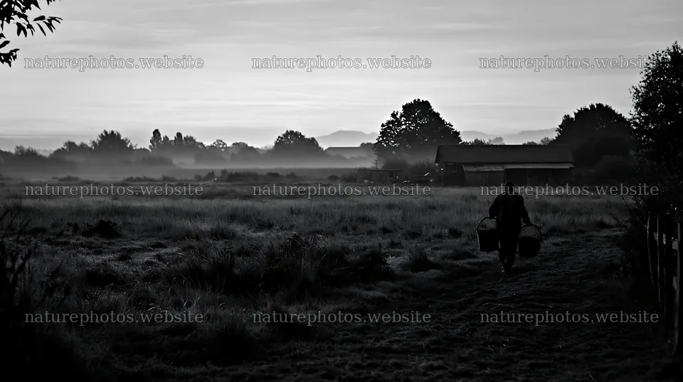Meadow at sunrise with person carrying items – nature photos 10608x5938