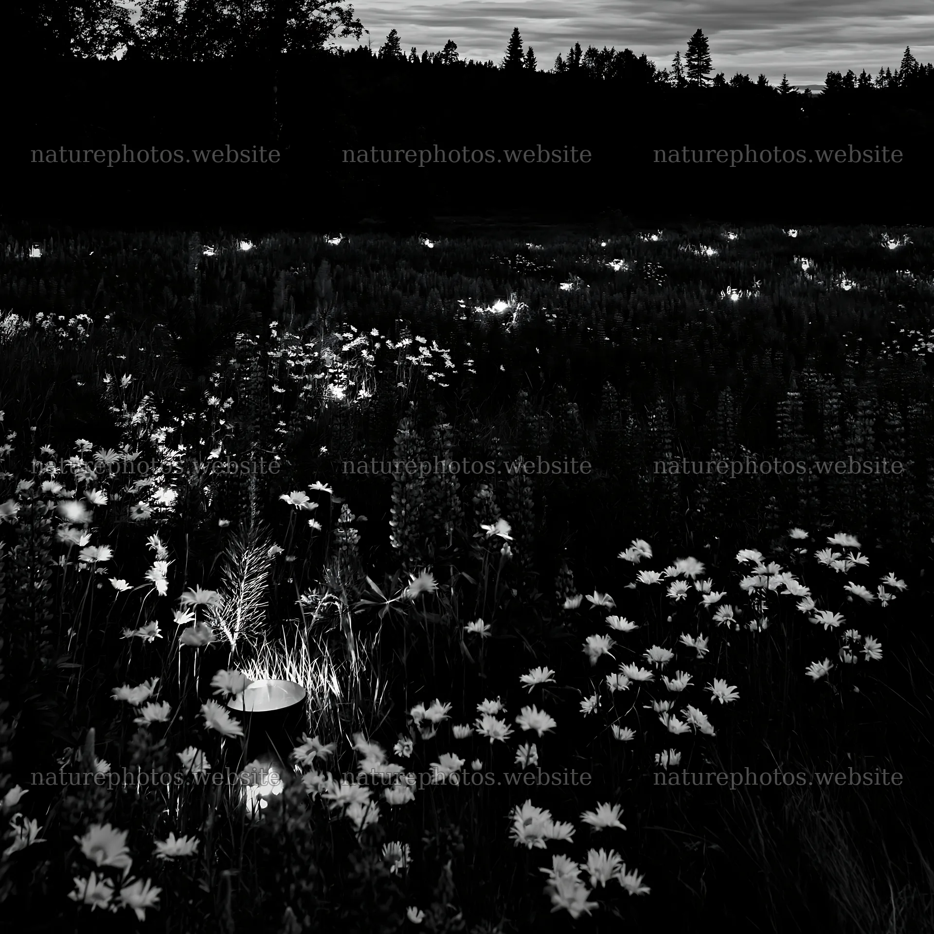 Expansive meadow at night with lanterns above a forest – nature photos 7938x7938