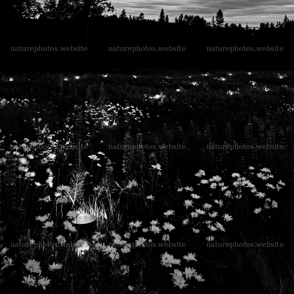 Expansive meadow at night with lanterns above a forest – nature photos 7938x7938