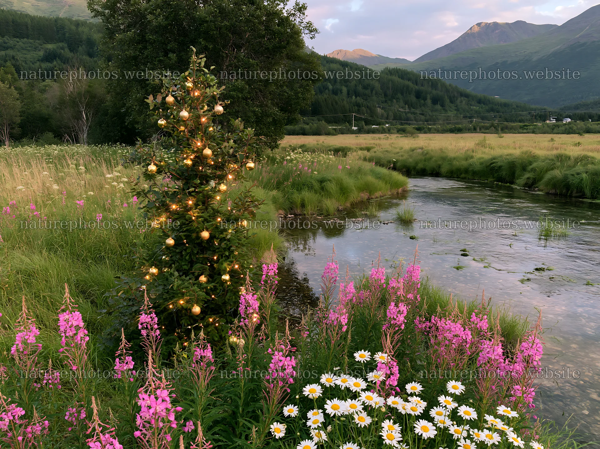 Christmas tree beside a stream in a meadow with wildflowers – nature photos 9174x6866