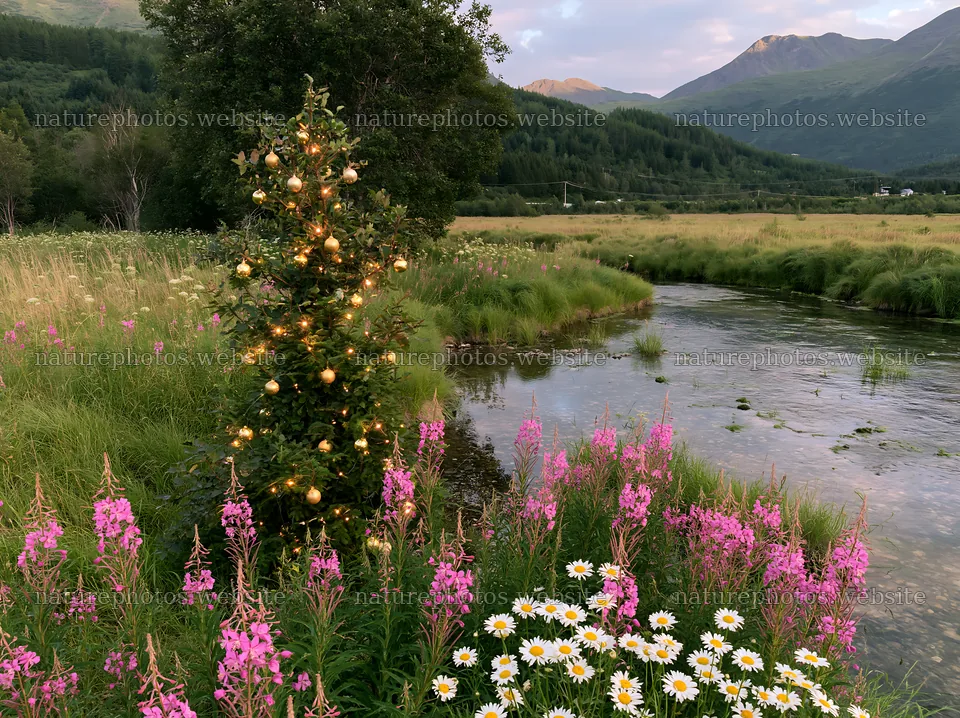 Christmas tree beside a stream in a meadow with wildflowers – nature photos 9174x6866