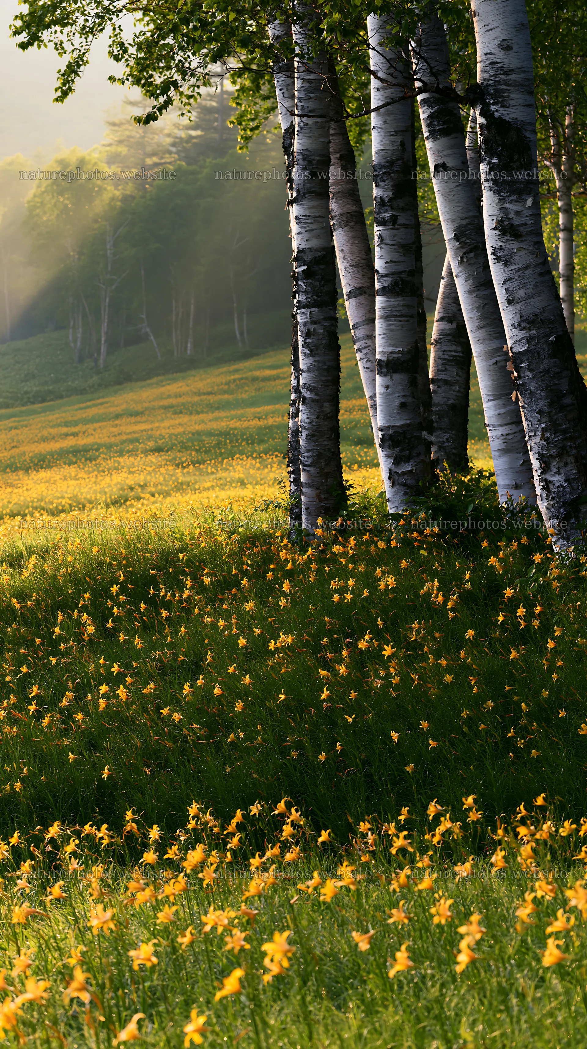 Kirigamine highland daylily meadow in summer morning light – nature photos 5938x10608