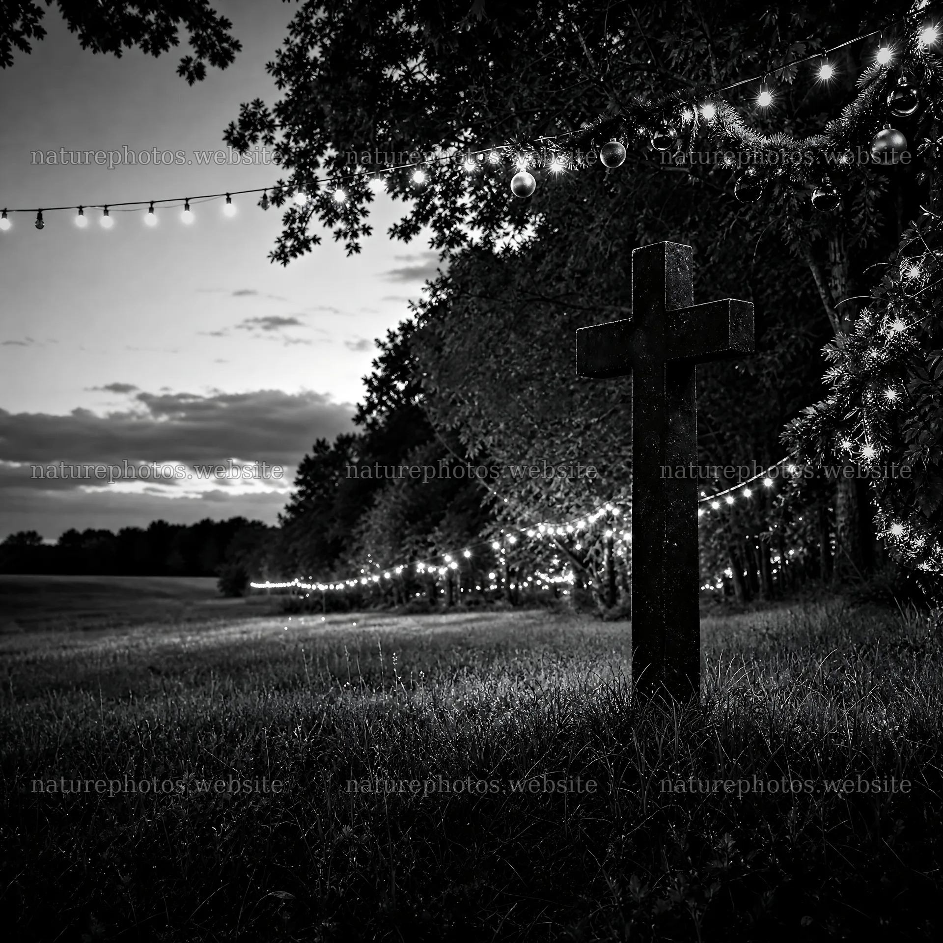 Dark Christian cross in summer meadow with string lights – nature photos 7938x7938
