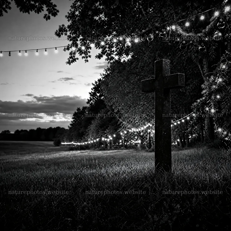 Dark Christian cross in summer meadow with string lights – nature photos 7938x7938