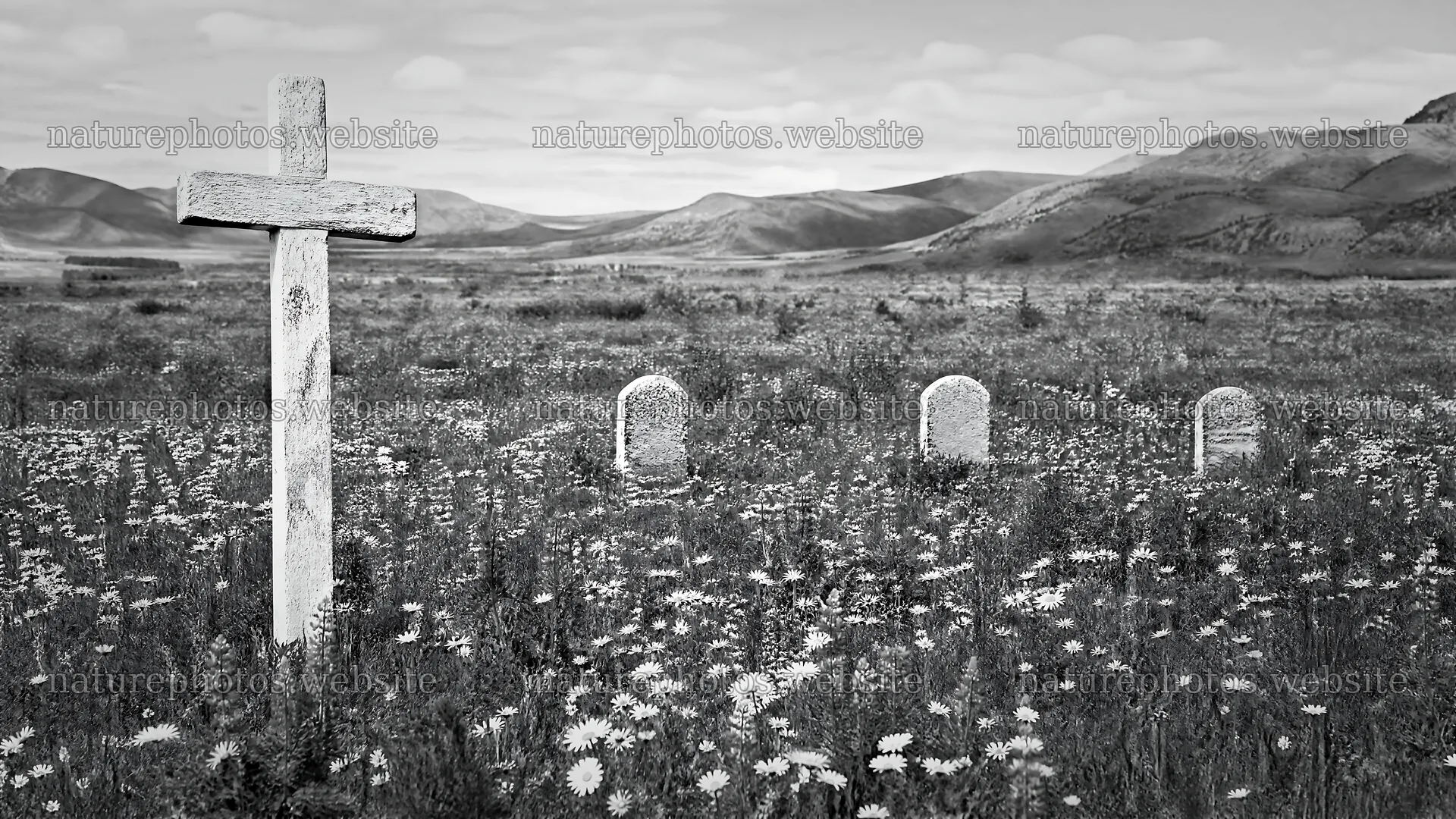 White Christian cross in wildflower meadow with stone markers – nature photos 10584x5952