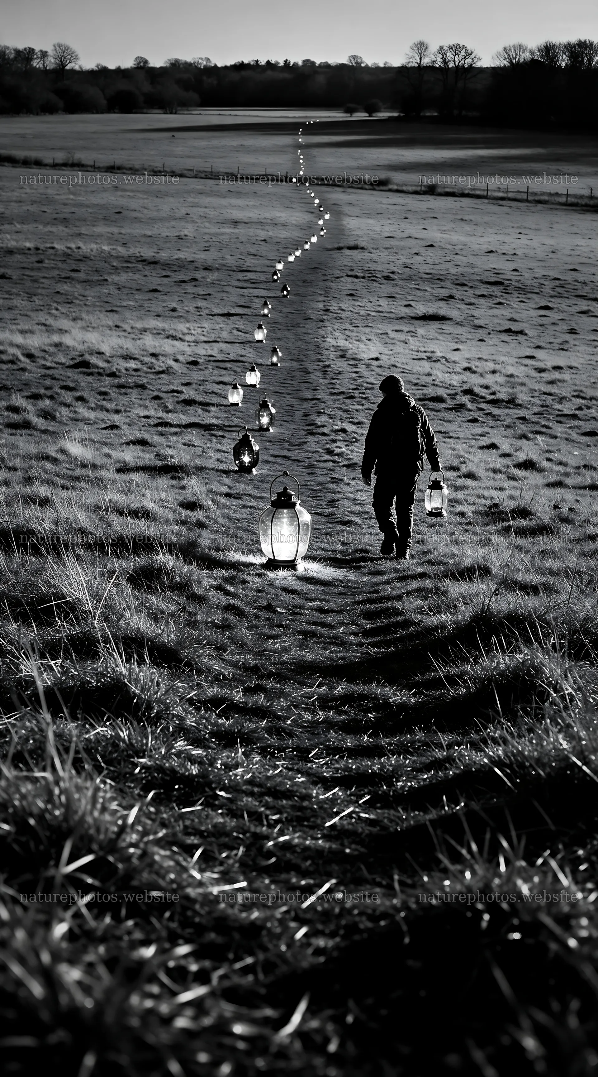 Colorful lanterns illuminate a meadow path during winter – nature photos 5916x10648