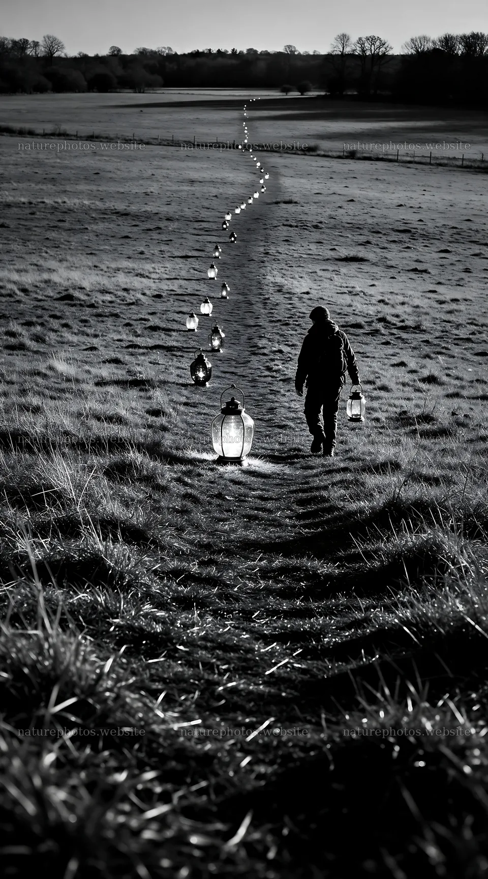 Colorful lanterns illuminate a meadow path during winter – nature photos 5916x10648