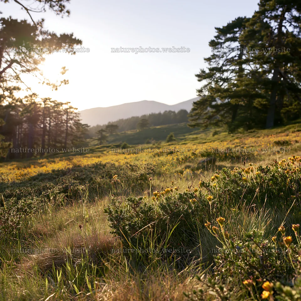 Pine forest meadow at sunset with wildflowers in the foreground – nature photos 7938x7938