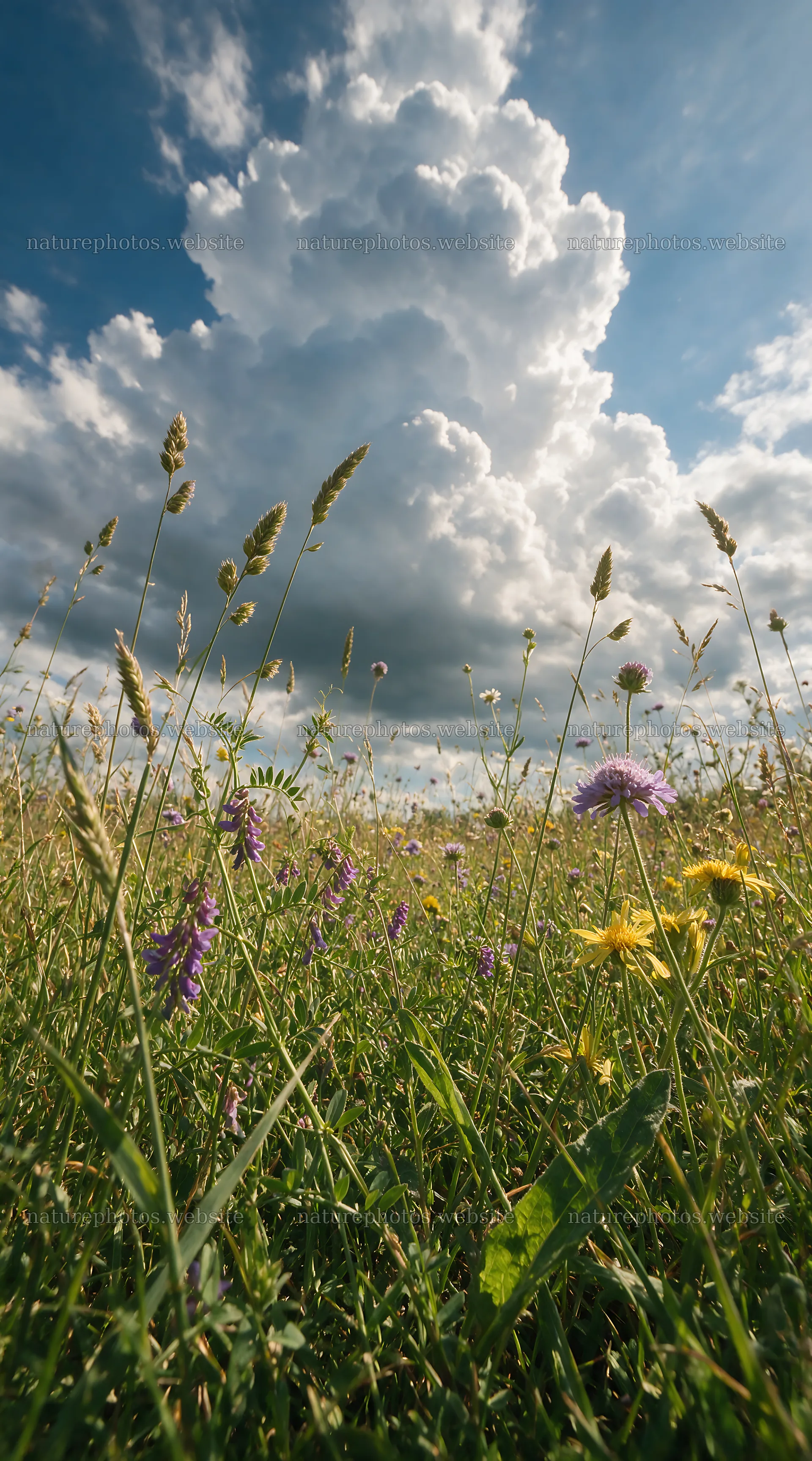 Biodiverse meadow with flowers under a cloudy sky – nature photos 5916x10648