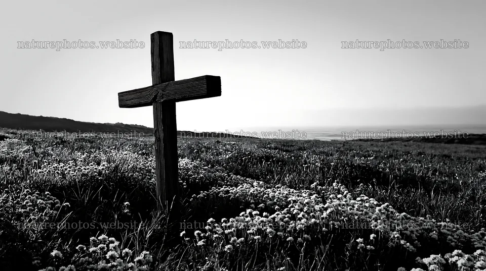 Christian cross stands in meadow at sunrise – nature photos 10608x5938