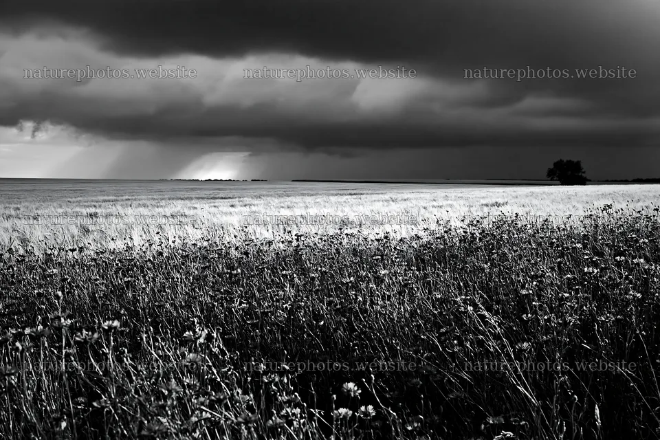 Cornflower meadow under stormy sky with dark clouds – nature photos 9722x6480