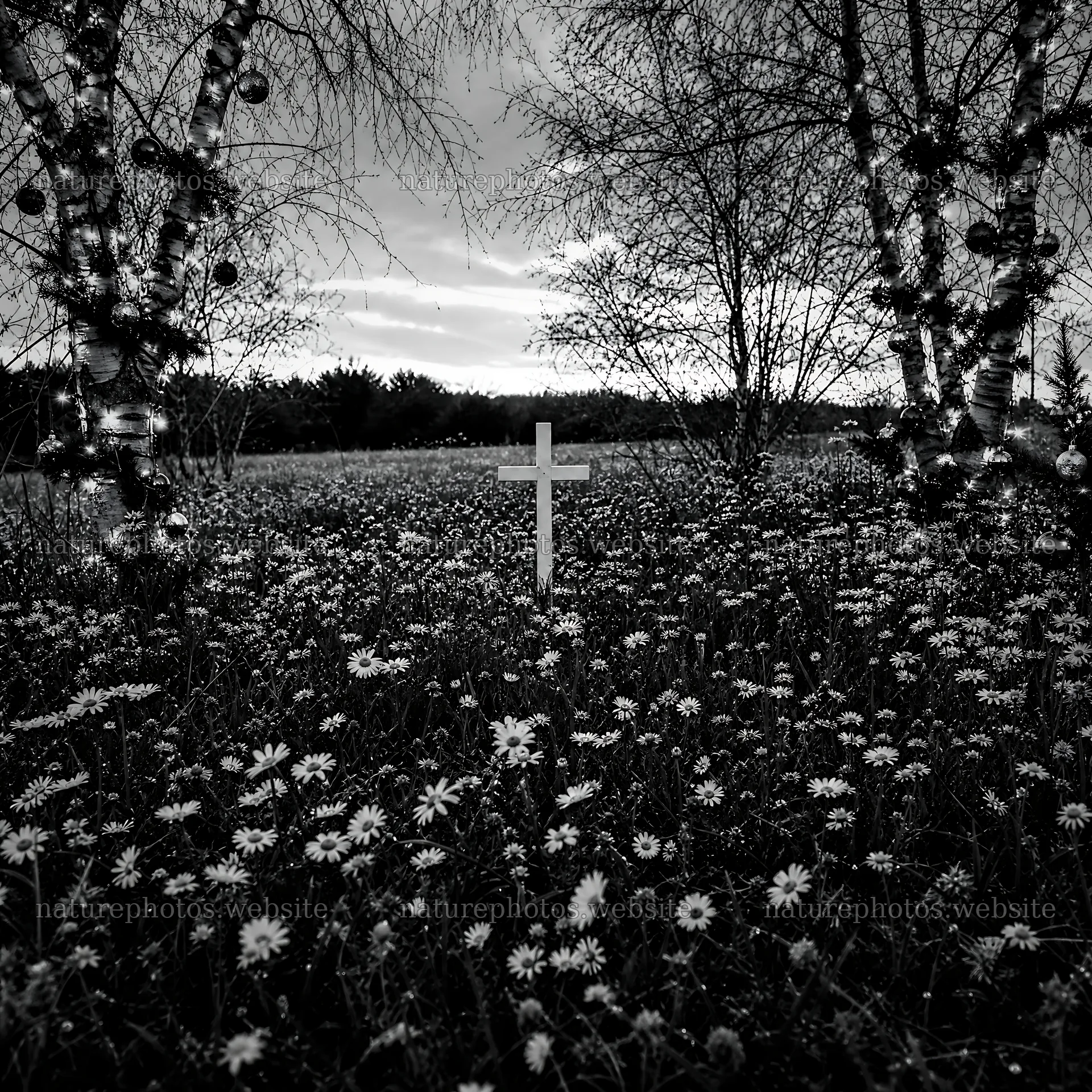 White Christian cross in wildflower meadow at sunset – nature photos 7938x7938