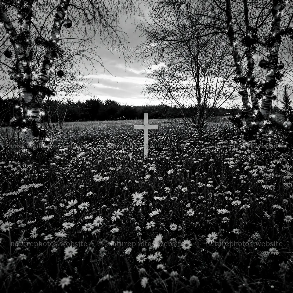 White Christian cross in wildflower meadow at sunset – nature photos 7938x7938