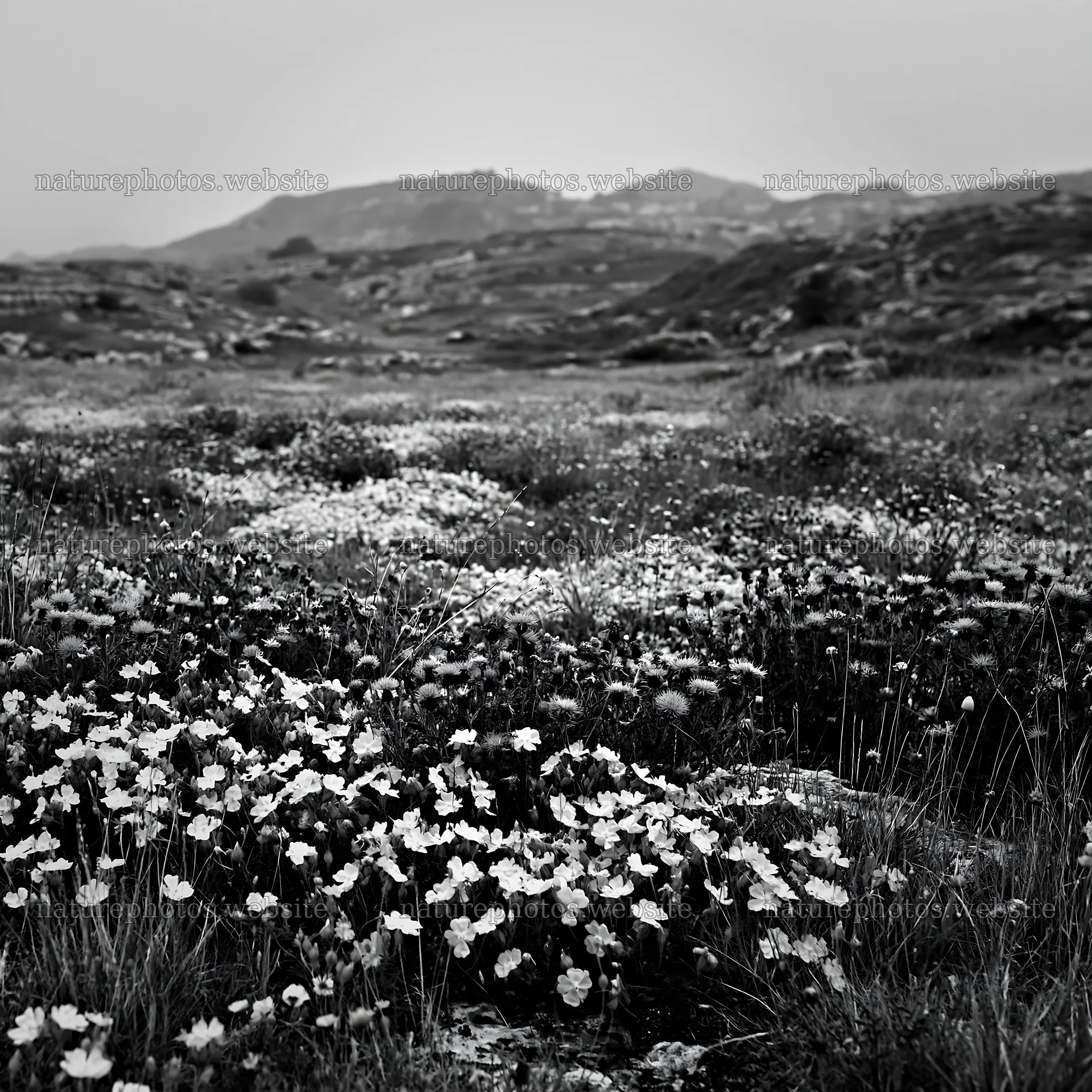 Cloudy limestone wildflower meadow with hills in the background – nature photos 7938x7938