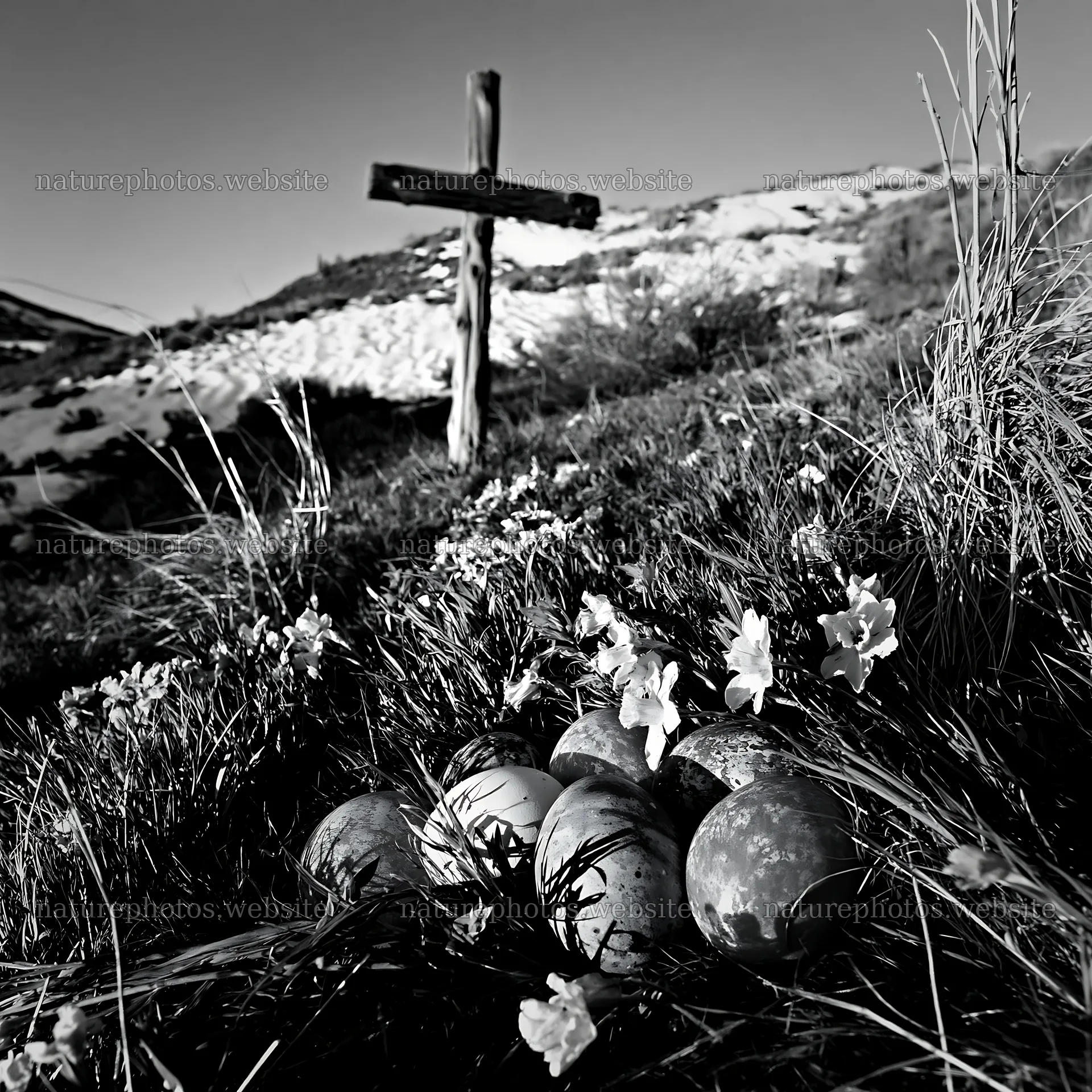 Weathered Christian cross in snowy meadow with flowers and eggs – nature photos 7938x7938