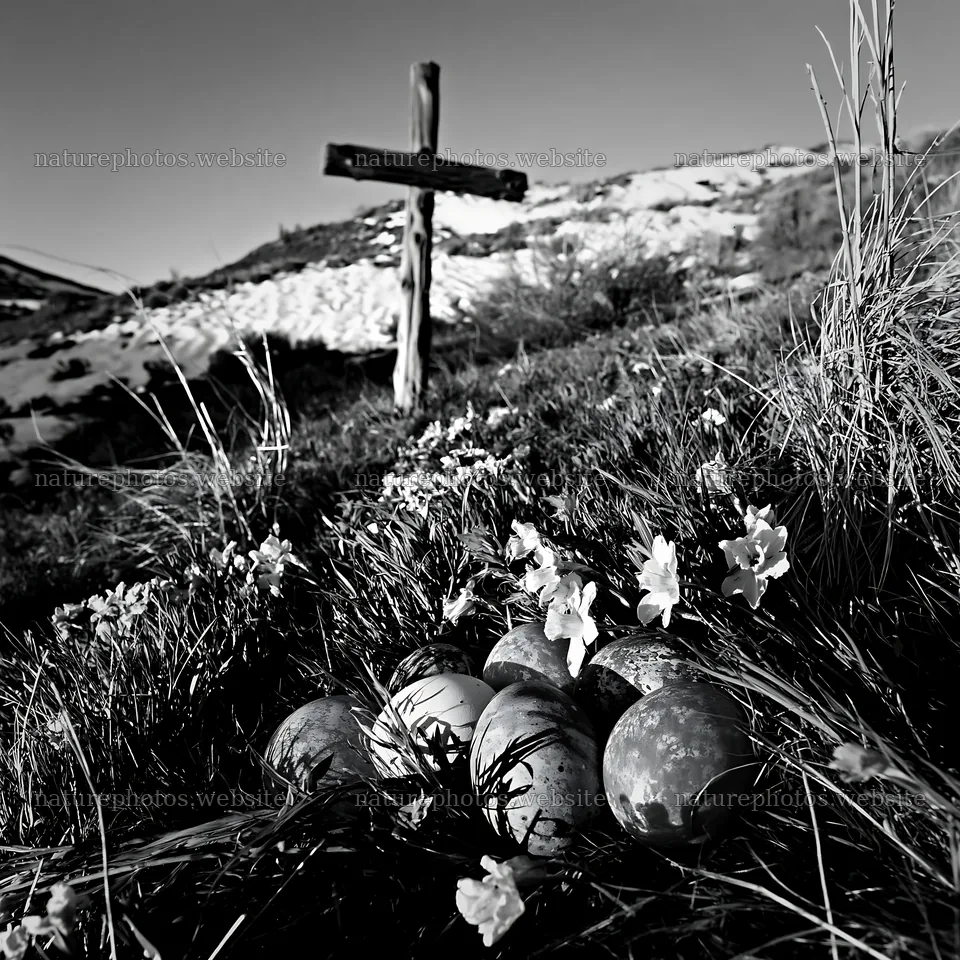 Weathered Christian cross in snowy meadow with flowers and eggs – nature photos 7938x7938