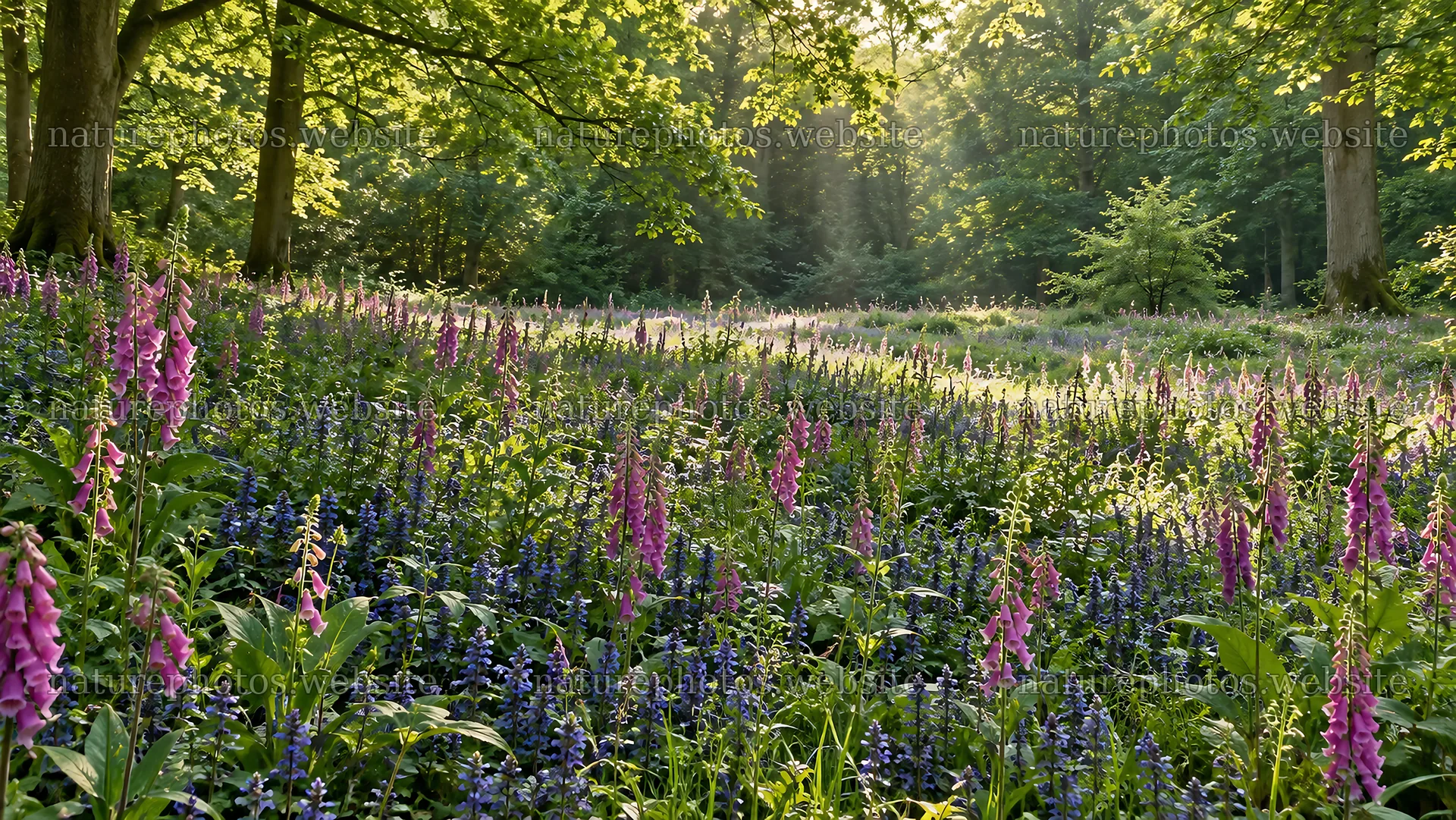 Sunbeams over a flower-filled forest clearing – nature photos 10324x5812