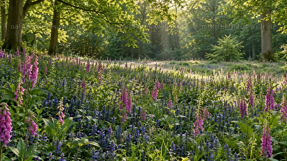Sunbeams over a flower-filled forest clearing – nature photos 10324x5812
