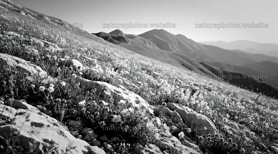 Sunny limestone meadow with distant mountains – nature photos 10648x5916