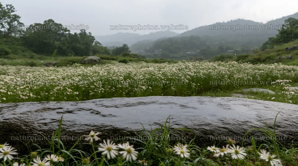 Hiroshima rainy meadow with smooth rock and flowers – nature photos 10608x5938