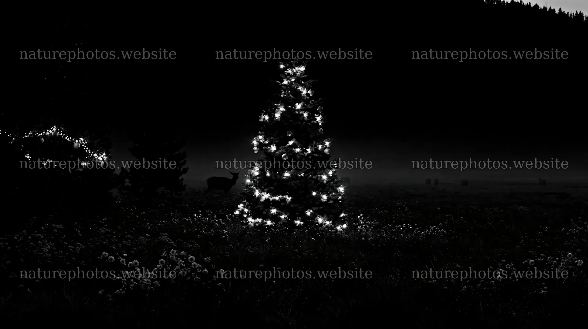 Christmas tree in a mountain valley meadow with lights – nature photos 10608x5938
