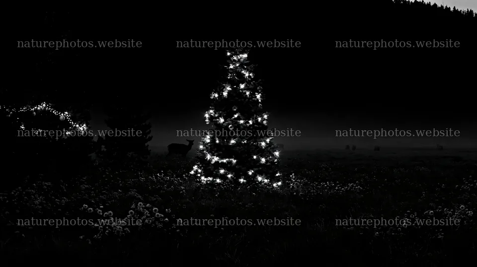 Christmas tree in a mountain valley meadow with lights – nature photos 10608x5938