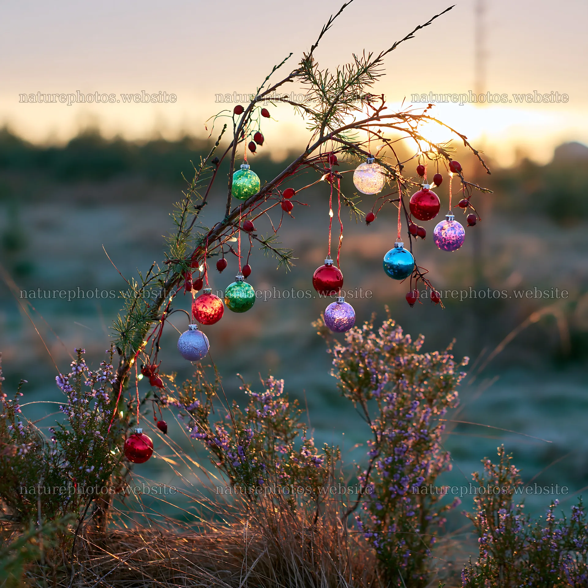 Christmas baubles hanging on a branch in an autumn meadow – nature photos 7938x7938