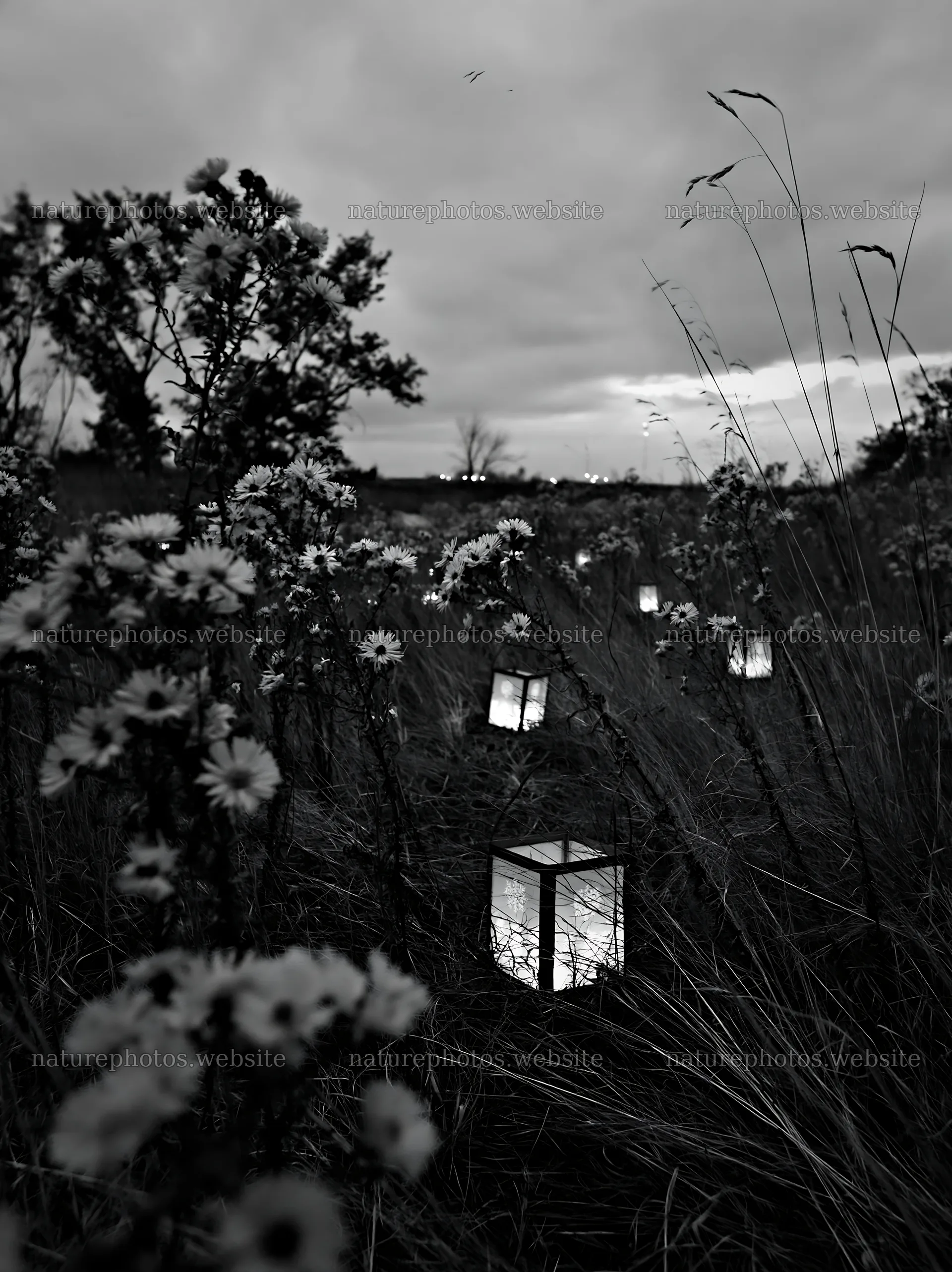 Christmas lanterns beside stream in meadow at dusk – nature photos 6866x9174