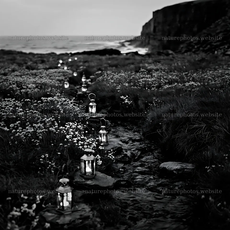 Christmas lanterns at dusk beside stream in meadow – nature photos 7938x7938