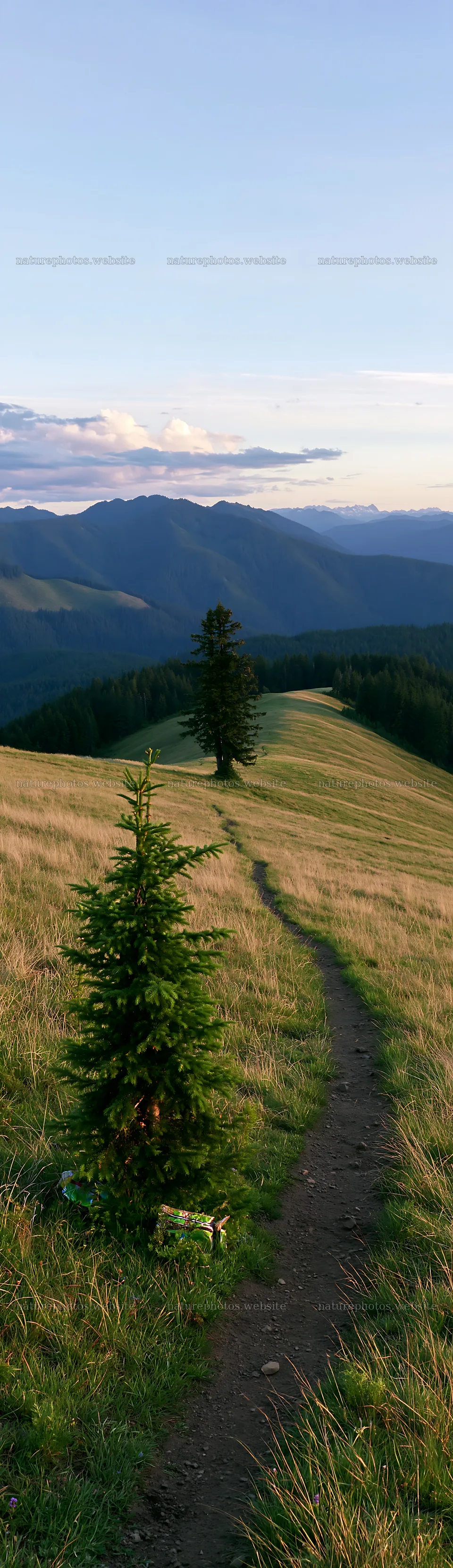 Green trees on a hillside with a winding path in the background – nature photos 4268x14762