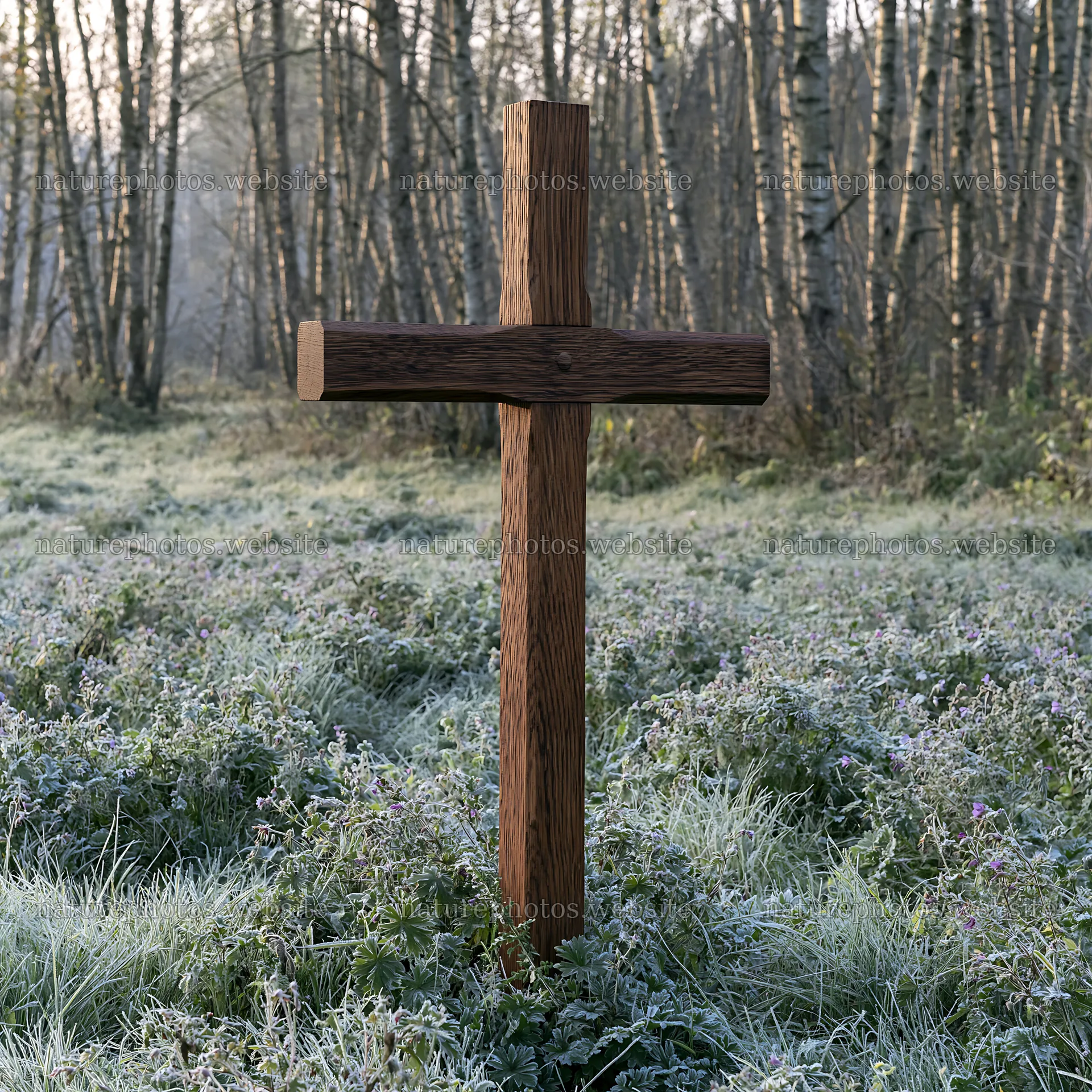 Carved oak cross situated in frosted meadow – nature photos 7938x7938