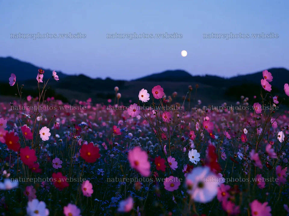 Colorful cosmos meadow under moonlight in the evening – nature photos 9174x6866