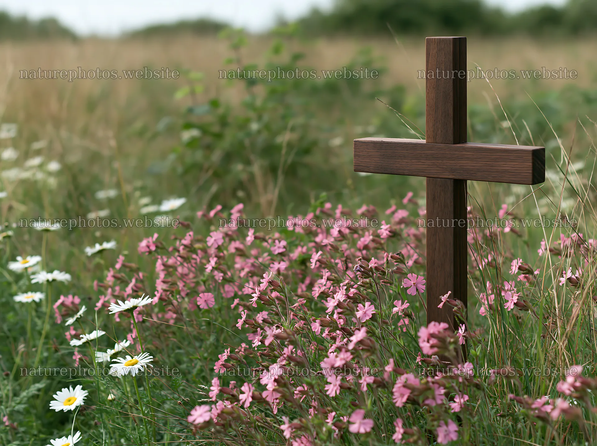 Christian cross in meadow with flowers during Christmas – nature photos 9174x6866