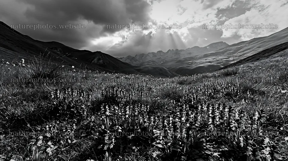 Colorful orchid meadow with mountains in the background – nature photos 10608x5938