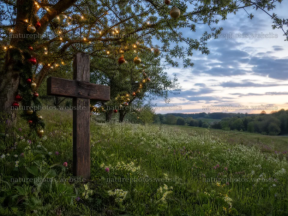 Rustic Christian cross in spring meadow at sunset – nature photos 9166x6874