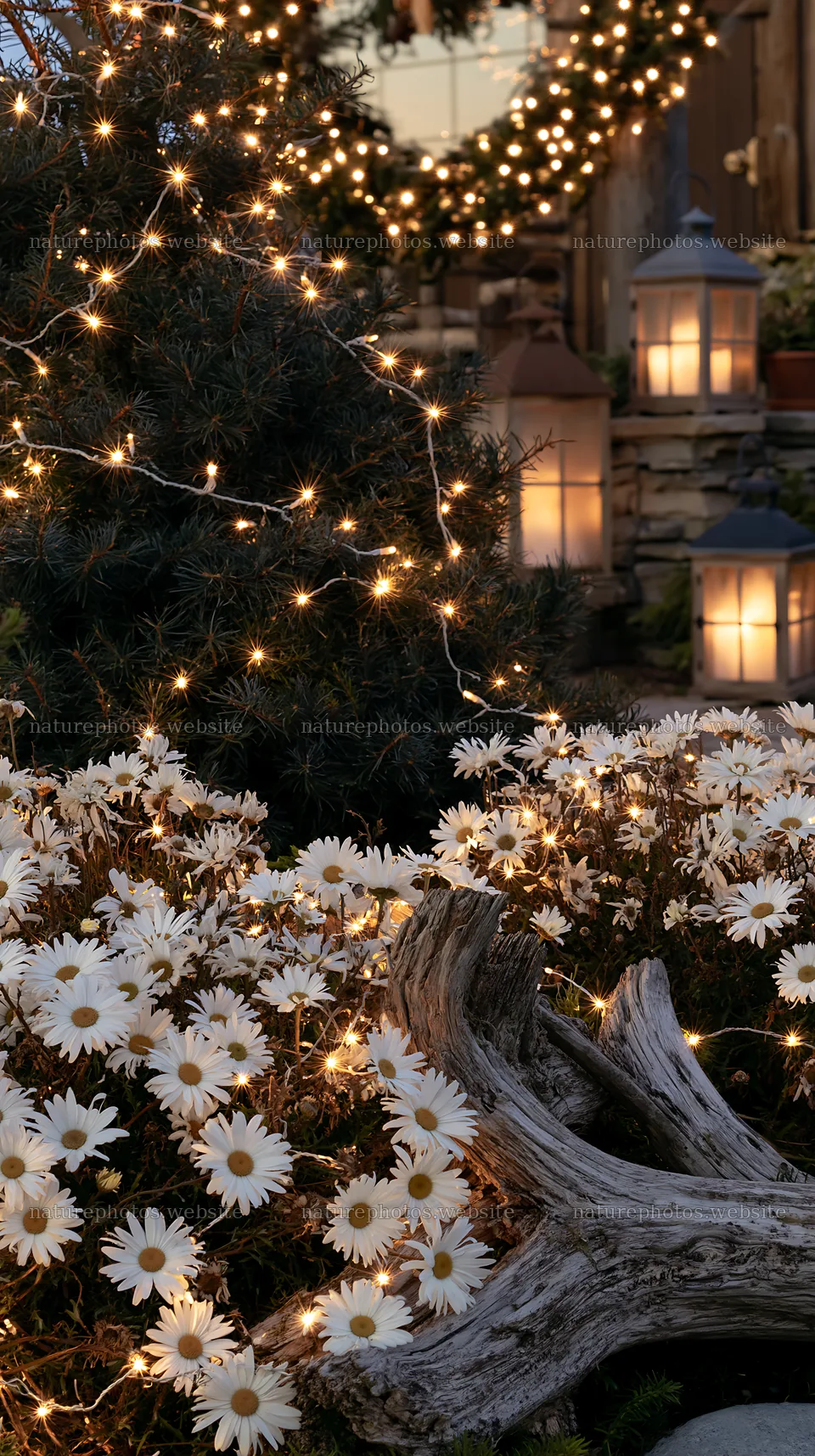 Expansive Christmas meadow with white daisies and lights – nature photos 5938x10608