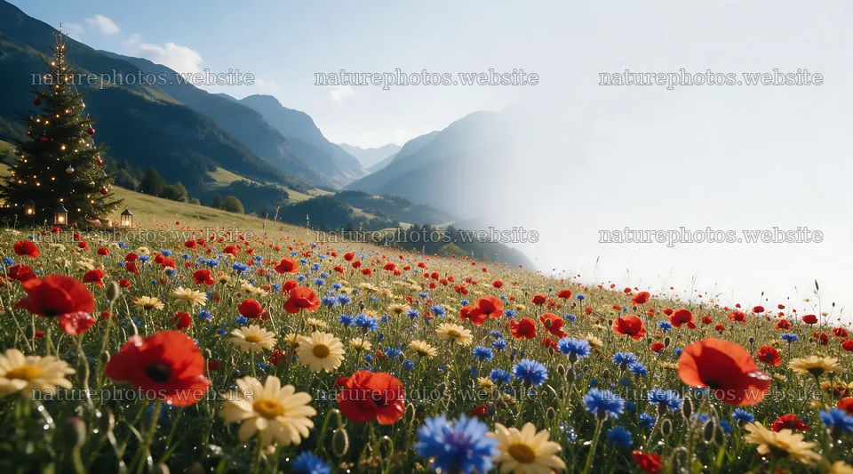 Christmas tree in mountain valley meadow with flowers – nature photos 10648x5916