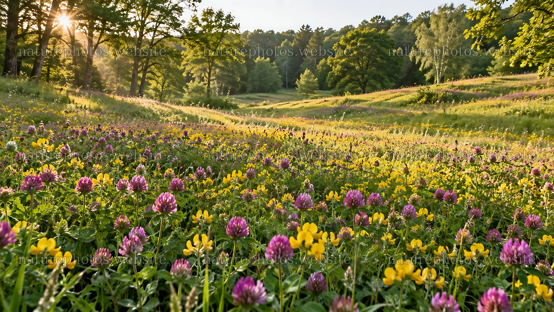 Sunbeams over a Wildflower Forest Clearing – nature photos 10324x5812
