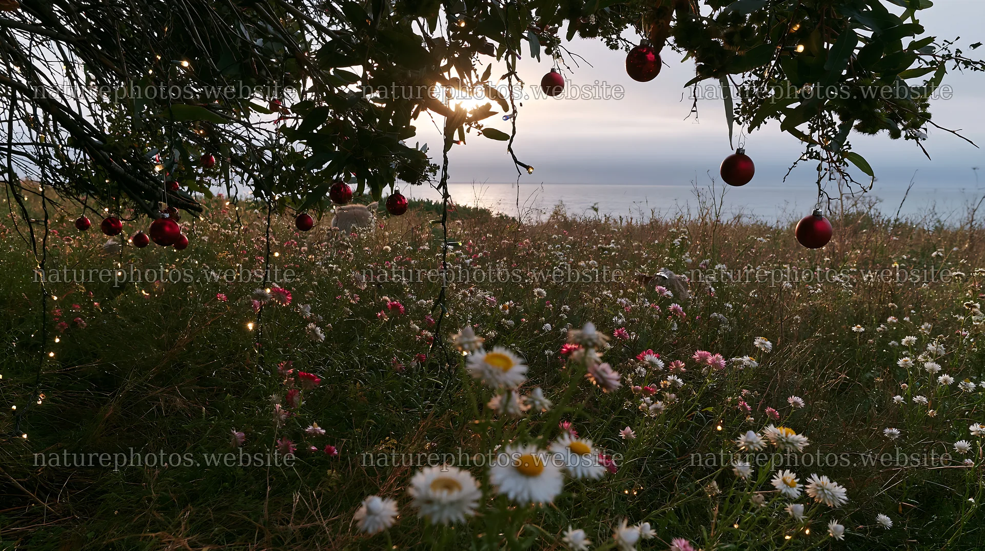 Christmas meadow with flowers and fairy lights in nature – nature photos 10608x5938