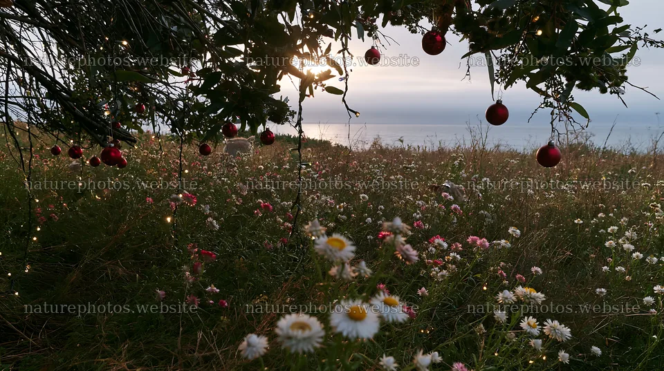 Christmas meadow with flowers and fairy lights in nature – nature photos 10608x5938