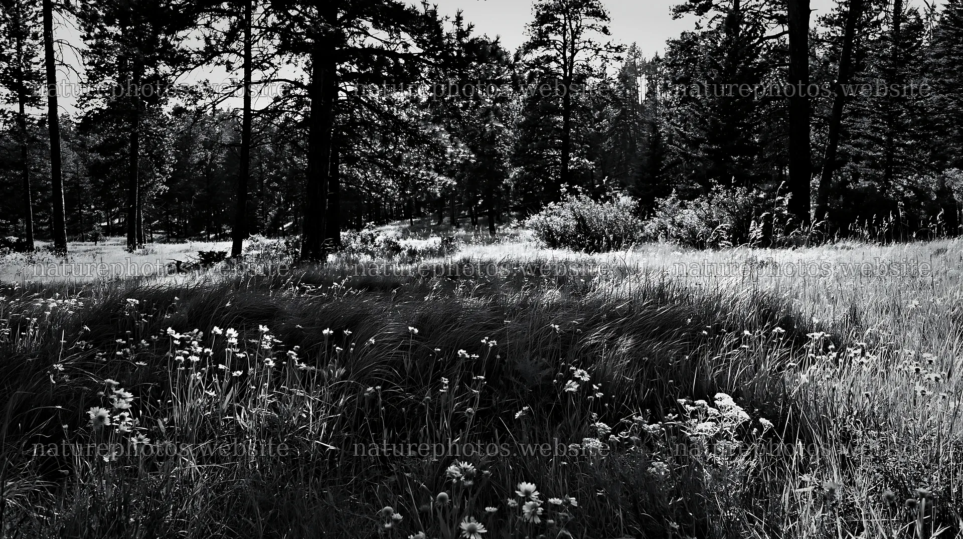Pine forest meadow with tall grass and wildflowers – nature photos 10608x5938