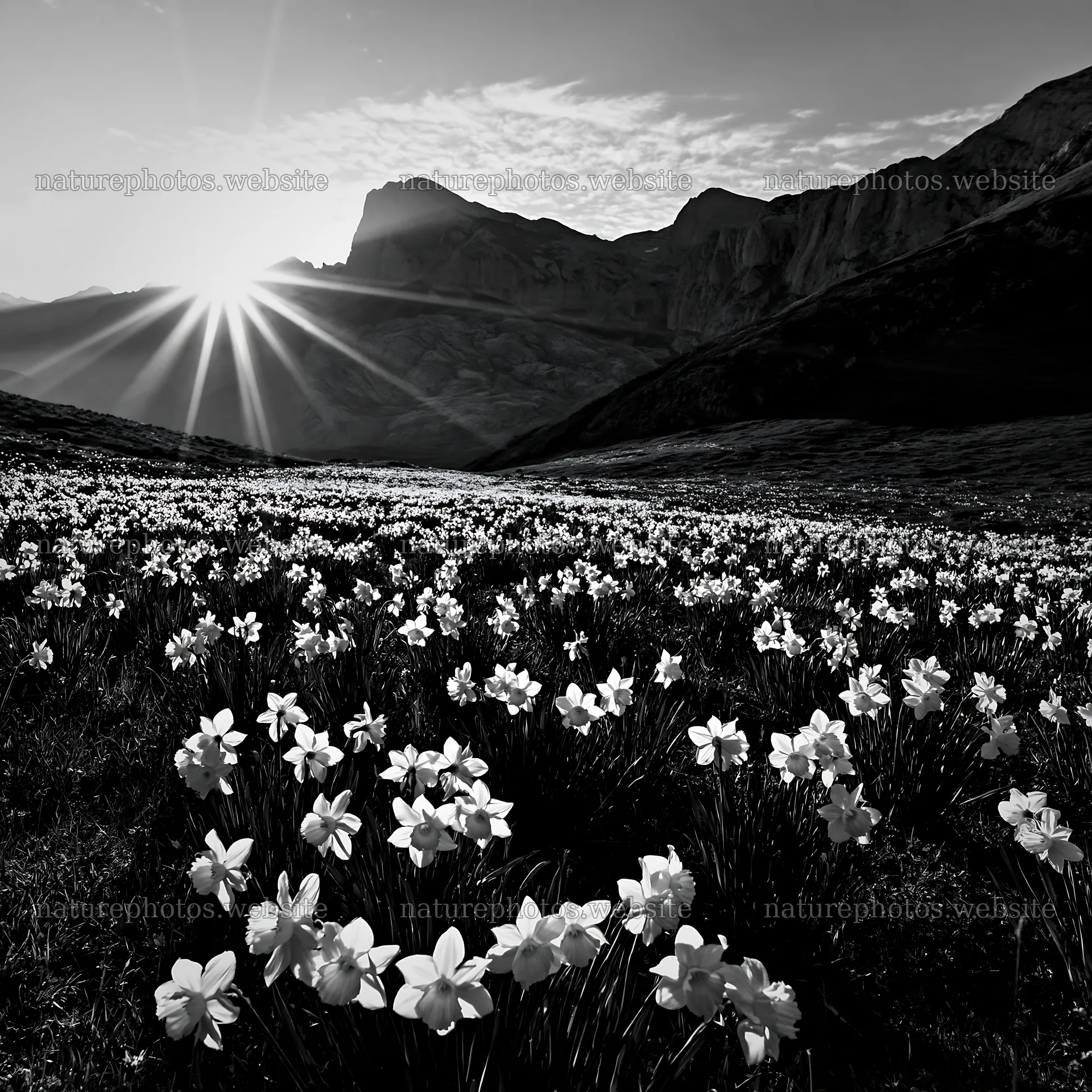 Sunrays over Picos de Europa meadow with blooming flowers – nature photos 7938x7938